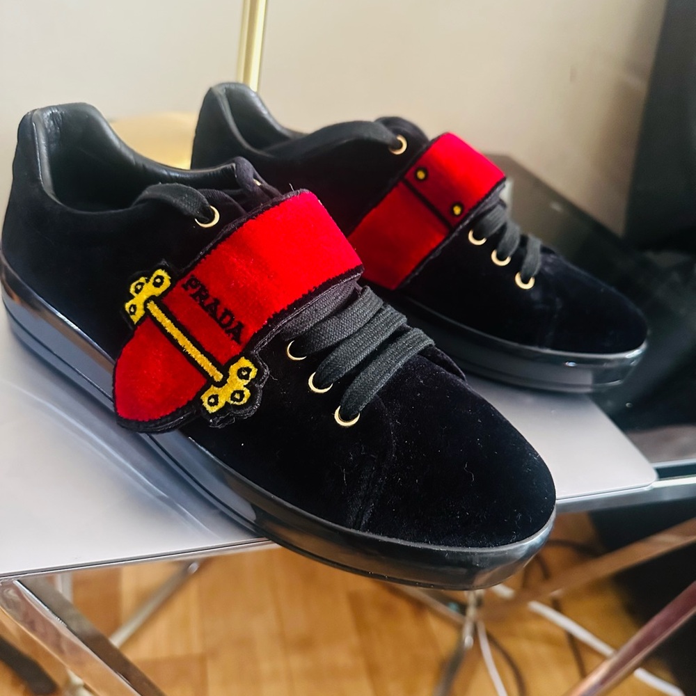 Prada Velvet Black and Red Sneakers - Picture 3 of 7
